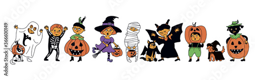 Halloween kids character set. Children in colorful Halloween costumes: bat, witch, ghost, mummy, death, pumpkin, zombie. Dogs in suits Cartoon set. Vector illustration