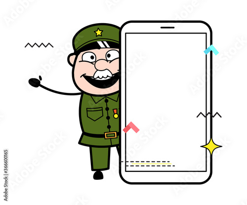 Cartoon Military Man with empty cell phone screen