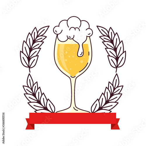 cup glass of beer, with decoration of spike and ribbon on white background