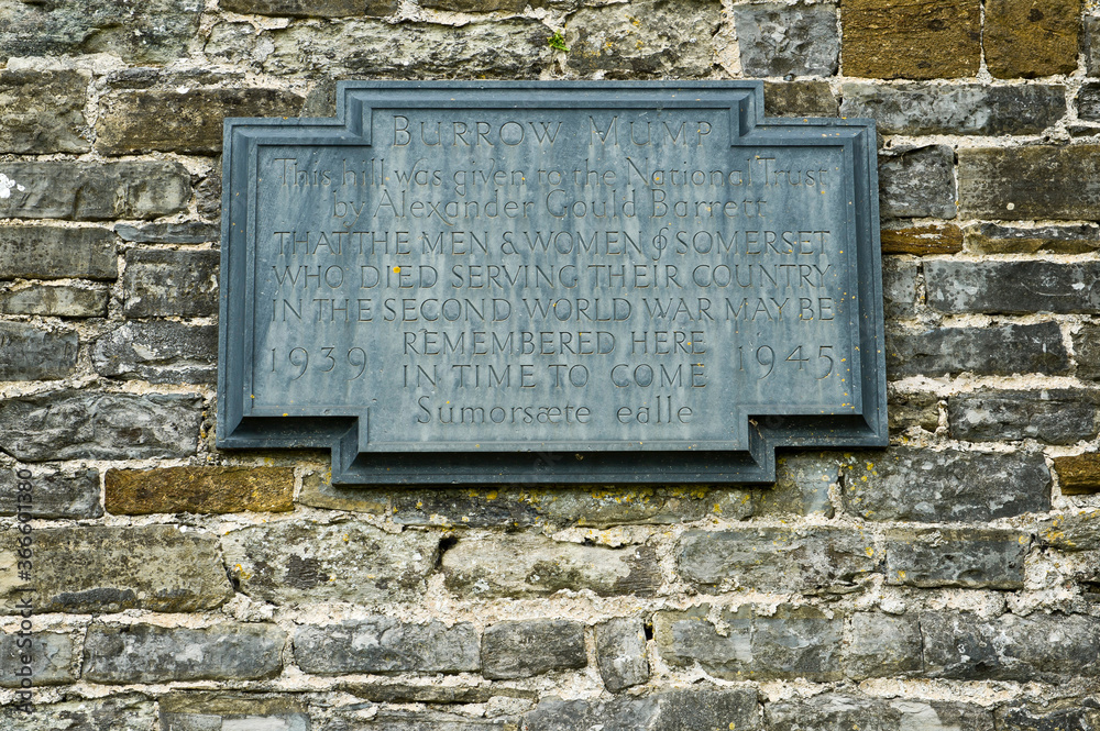 Memorial on the wall at Burrow Mump, Burrowbridge, Somerset