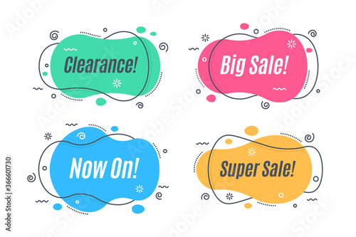 Flat linear promotion banner shapes, price tag, sticker, badge.