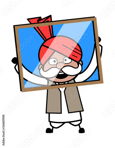 Cartoon Haryanvi Old Man looking from glass frame