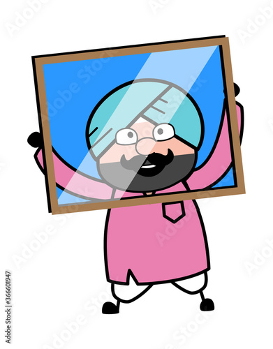 Cartoon Cute Sardar looking from glass frame