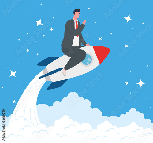business start up concept, banner, business object startup process, businessman in rocket and clouds