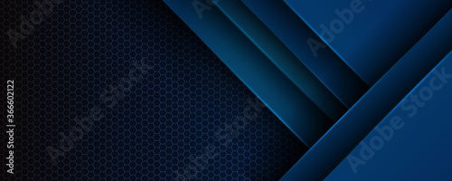 Trendy composition of blue technical shapes on black background. Dark metallic perforated texture design. Technology illustration. Vector header banner
