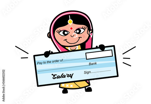 Cartoon Indian Woman holding paycheck