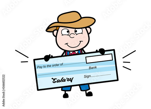 Cartoon Farmer holding paycheck
