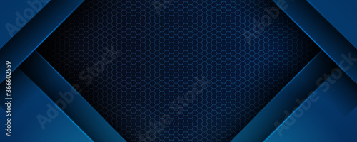 Trendy composition of blue technical shapes on black background. Dark metallic perforated texture design. Technology illustration. Vector header banner