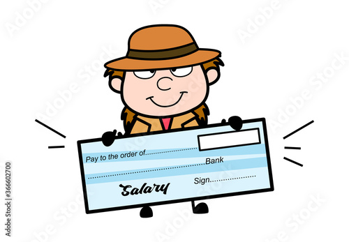Cartoon Investigator holding paycheck © TheToonCompany