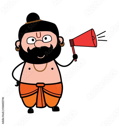 Cartoon Pandit Announcing with Loudhailer