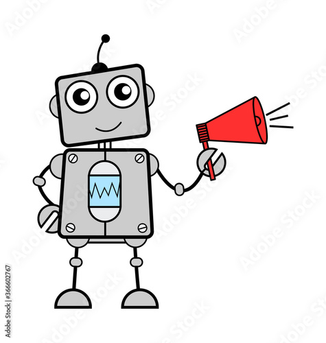 Cartoon Robot Announcing with Loudhailer