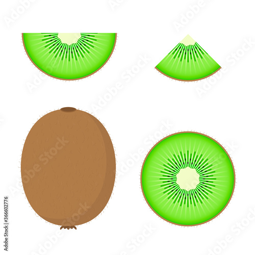 Kiwi vector set half, slice and whole of fresh kiwi. Fresh cartoon kiwi isolated on white background