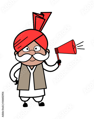 Cartoon Haryanvi Old Man Announcing with Loudhailer