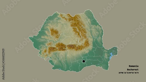 Vaslui, county of Romania, with its capital, localized, outlined and zoomed with informative overlays on a relief map in the Stereographic projection. Animation 3D photo