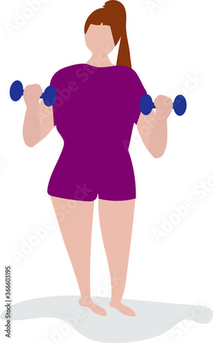 A full woman who is overweight is doing sports. Does exercises with dumbbells. The concept of a healthy and athletic lifestyle. Vector Character