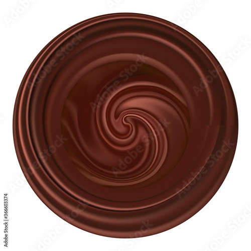 Chocolate wave emblem, logo or icon. Round shape sign with swirly wave, dark brown chocolate texture, realistic color flowing effect. Vector illustration