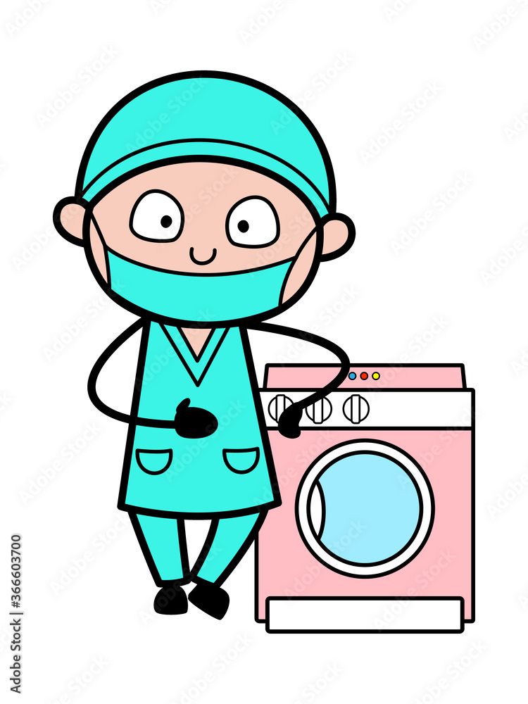 Cartoon Surgeon standing with washing machine