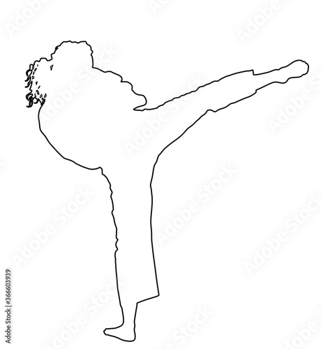 Karate woman fighter in uniform, a Karategi or gi, vector line contour silhouette. Japan traditional martial art. Girl in self defense presentation. Karate mom. Protect yourself against aggressor.