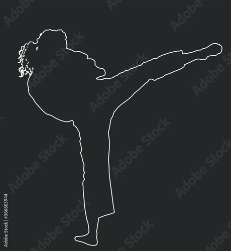 Karate woman fighter in uniform, a Karate girl vector line contour silhouette. Japan traditional martial art. Girl in self defense presentation. Karate mom. Protect yourself against aggressor.