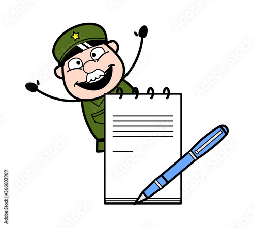 Cartoon Military Man with diary and pen