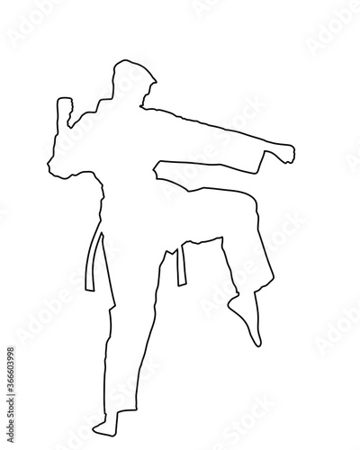 Karate man fighter in kimono vector line contour silhouette. Japan traditional martial art. Boy self defense presentation. Protect yourself against aggressor. Sport discipline