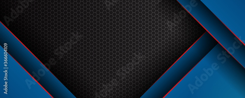 Abstract blue red black metal wide banner background with lines. illustration technology.