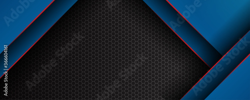 Abstract blue red black metal wide banner background with lines. illustration technology.