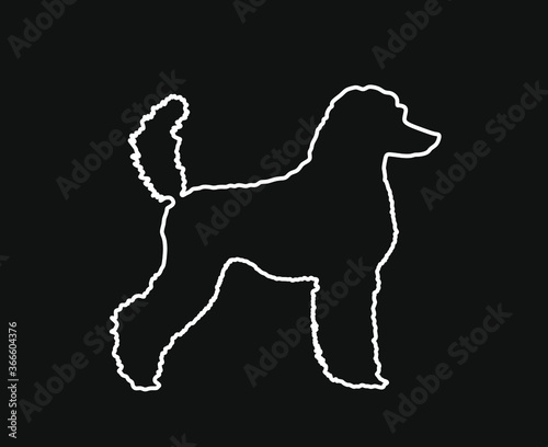 Portrait of Royal Poodle vector line contour silhouette illustration isolated. French black poodle walking. Beware of dog sign. Dog show exhibition.