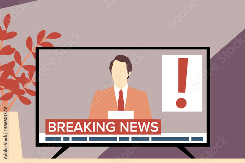 Breaking news reader anchorman in television. Media, journalism, press vector illustration. 