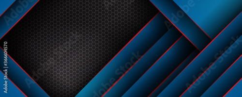 Grunge tech material blue and red black metal wide banner background