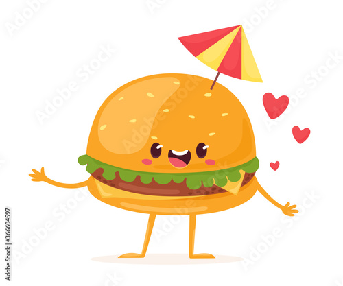 Joyful and cute hamburger with umbrella and hearts. Vector illustration in flat cartoon style.