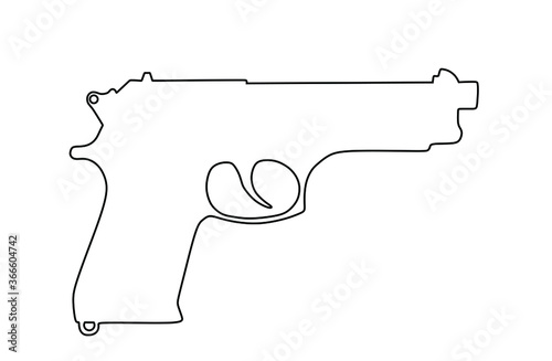Pistol Gun line Vector contour silhouette isolated on white background. Risk in conflict situation. police and military weapon. Defense help option against enemy aggressor. Anti terrorism action.