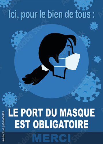 affiche pour le port obligatoire du masque en blanc avec  une femme de profil portant un masque dans un rond bleu sur un fond bleu foncé avec des formes du virus