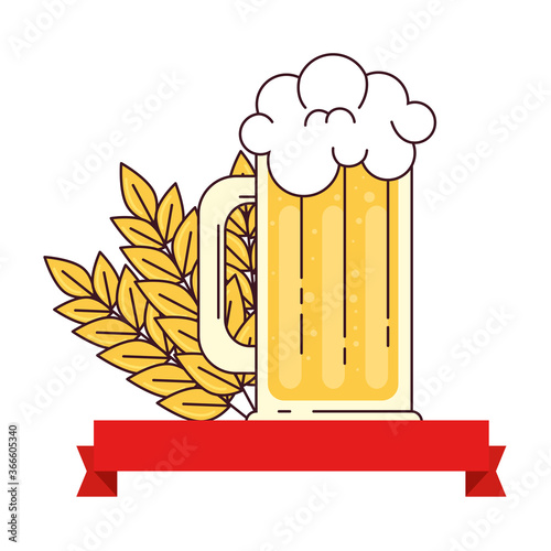 mug of beer with spike and ribbon decoration on white background
