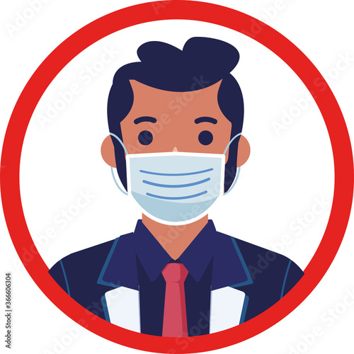 affiche d'un homme portant un masque dans un rond rouge sur un fond blanc