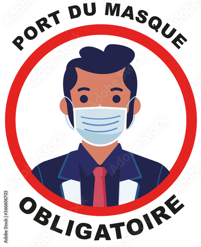 affiche pour le port du masque obligatoire en noir avec un homme portant un masque dans un rond rouge sur un fond blanc