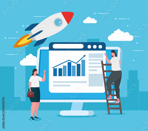 business start up concept, banner, business object startup process, business women, computer with web page and rocket