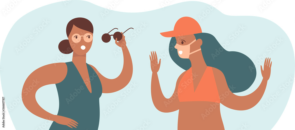 Two young girls with tan traces from sunglasses and medical protective mask. Concept illustration for COVID-19 coronavirus post quarantine summer 2020.
