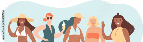 Happy young girls. Summer beach characters. Beauty diversity of different women. Cartoon characters.