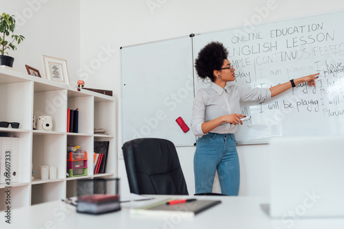 English Tutor. Young afro american female teacher standing near whiteboard and explaining English grammar via internet, giving online class or recording webinar