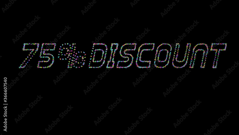 % discount: 3D illustration of the text made of small objects over a black background with shadows. sale and banner