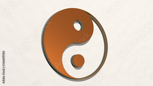 yin and yang symbol on the wall. 3D illustration of metallic sculpture over a white background with mild texture. balance and black photo
