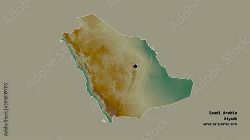 Al Madinah, region of Saudi Arabia, with its capital, localized, outlined and zoomed with informative overlays on a relief map in the Stereographic projection. Animation 3D photo