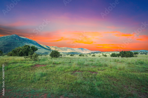 Great African savanna with hills and grassland at twilight in Gauteng South Africa