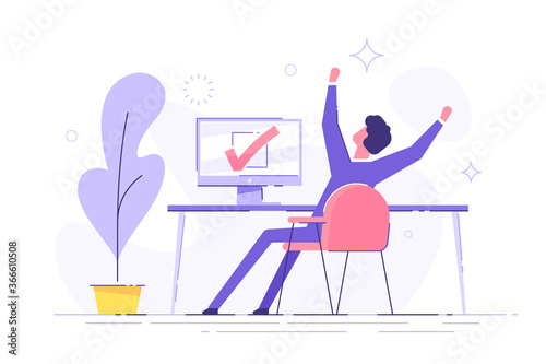Happy man completed task and triumphing with raised hands on the his workplace.  Successful well done work. Completed task. modern vector illustration.
