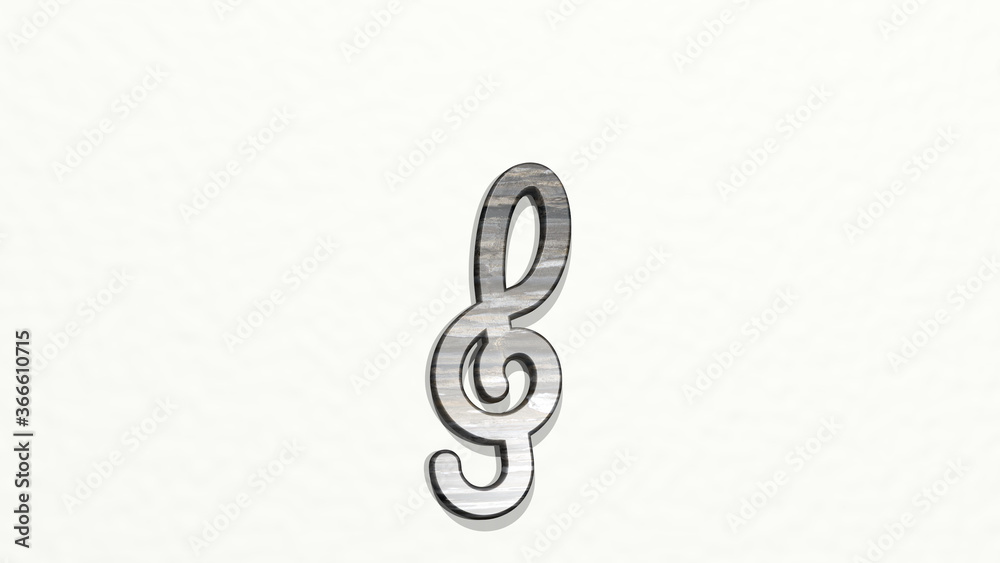 MUSIC CLEF from a perspective on the wall. A thick sculpture made of metallic materials of 3D rendering. illustration and background