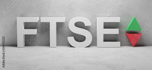 cgi render image of the word FTSE, abbreviation for  Financial Times Stock Exchange, white sign at a concrete wall, concept image for stock exchange index photo