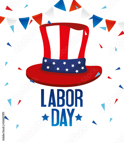 happy labor day holiday banner, flag national of united states with sam hat and garlands decoration