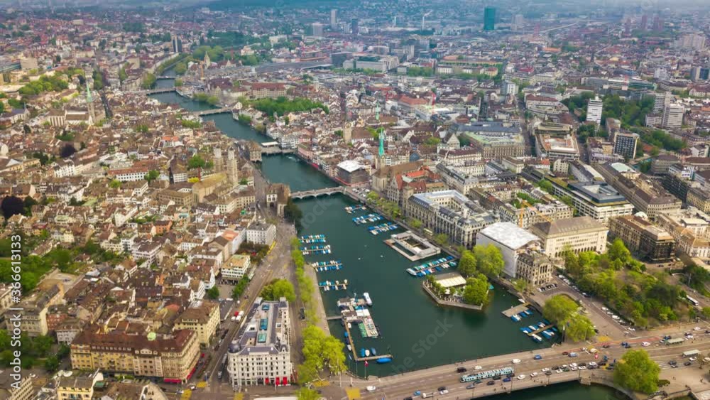 day light zurich center cityscape riverside aerial panoramic 4k timelapse switzerland day light zurich center cityscape riverside aerial panoramic 4k timelapse switzerland