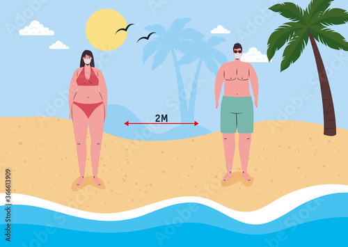 social distancing on the beach, couple wearing medical mask in the beach, new normal summer beach concept after coronavirus or covid 19